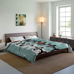 Retro Abstract Mid Century Modern Comforter, MCM Geometric Aqua Blue, Grey, Black, White Queen, King, Twin, Twin XL Bedding, Dorm Room Decor