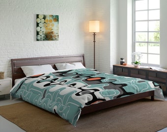 Retro Abstract Mid Century Modern Comforter, MCM Geometric Aqua Blue, Grey, Black, White Queen, King, Twin, Twin XL Bedding, Dorm Room Decor