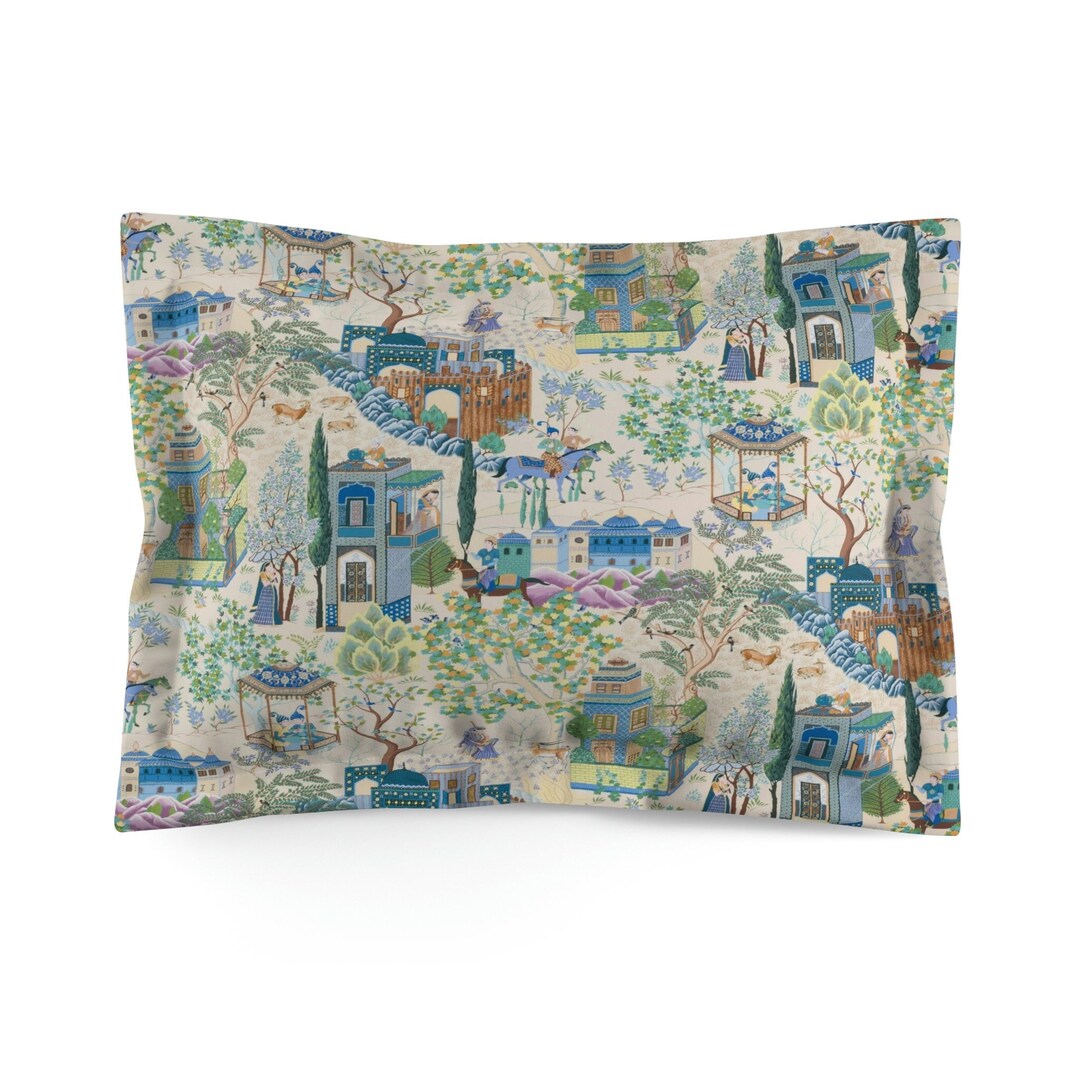 Vintage Toile De Jouy Pillow Sham, Blue and Green Floral Print Pillow