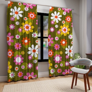 Groovy Hippie Daisy Flower Power Gordijnen, Retro Mid Mod Bloemengordijnpanelen, jaren &#39;70 MCM Woonkamer, Slaapkamer Raam Decor