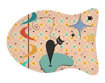 Mid Century Modern Atomic Kitschy Cat Fish Shaped Pet Feeding Mats, Retro Starburst Non-Slip, Highly Absorbent Pads - 128181923