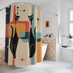 Mid Century Modern Atomic Cat Shower Curtains, Geometric Teal Blue, Mustard Yellow, Cream MCM Starburst Bath Curtains, Retro Bathroom Decor
