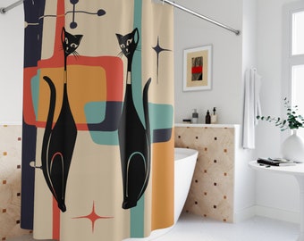 Mid Century Modern Atomic Cat Shower Curtains, Geometric Teal Blue, Mustard Yellow, Cream MCM Starburst Bath Curtains, Retro Bathroom Decor