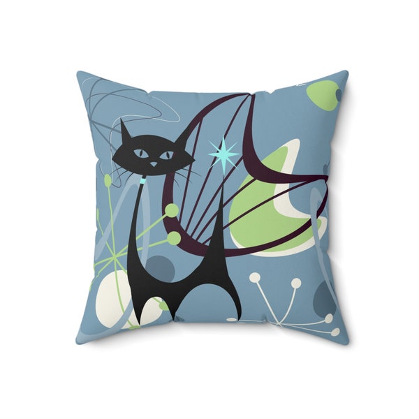 Groovy Atomic Cat Throw Pillow with insert, Retro Mid Century Modern Boomerang Starburst Accent Pillow, MCM Living Room, Bedroom Decor