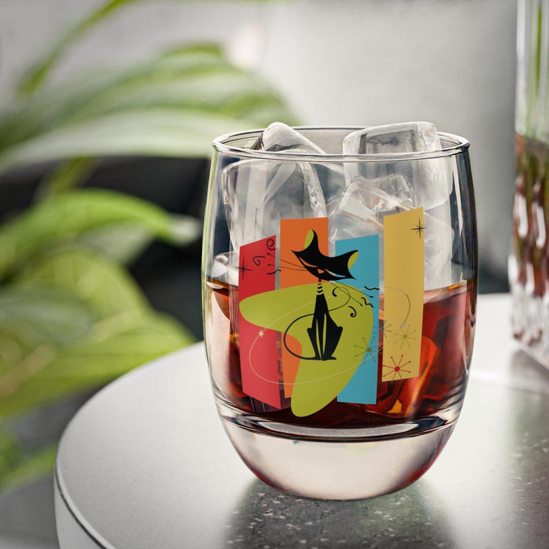 Atomic Cat Mid Century Modern Whiskey Glass, Retro Geometric Barware, MCM Cocktail Tumbler image 2