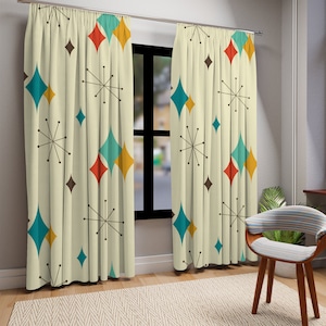 Mid Century Modern Franciscan Starburst Window Curtains, Retro Groovy Curtain Panel, Vintage 50s Vibe, Funky Draperies, Atomic Age Design