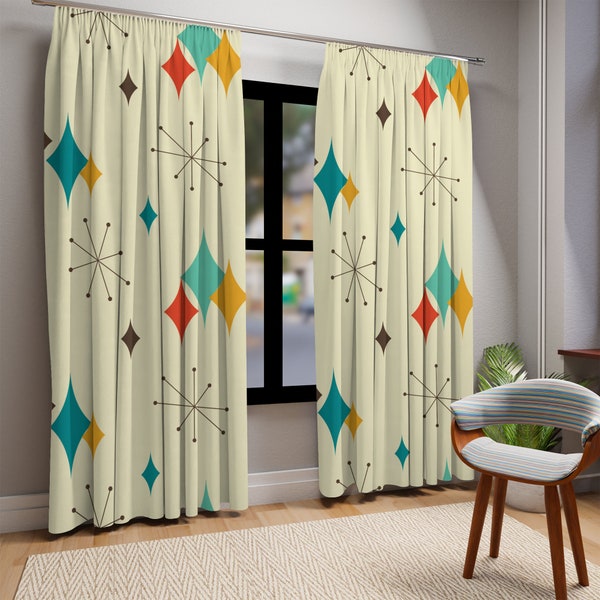 Mid Century Modern Franciscan Starburst Window Curtains, Retro Groovy Curtain Panel, Vintage 50s Vibe, Funky Draperies, Atomic Age Design