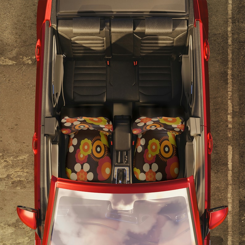 Fundas de asiento de coche con estilo retro, funky y moderno de los años 60, estilo hippie bohemio, protector de asiento de coche con estilo floral de mediados de siglo y años 70, decoración para coche. imagen 8