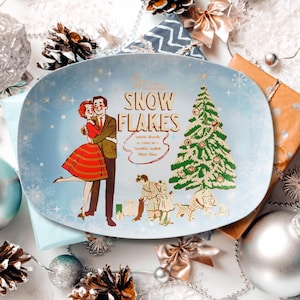 Plateau de Noël rétro en mica flocons de neige, plateau de service kitsch pour les vacances d&#39;hiver des années 50, vaisselle de fête moderne du milieu du siècle