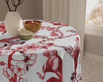 Chinoiserie Jungle Botanical Toile Tablecloth, Red, White Chinoiserie Floral Table Linens, Country Farmhouse Dining Table Decor - 13459423