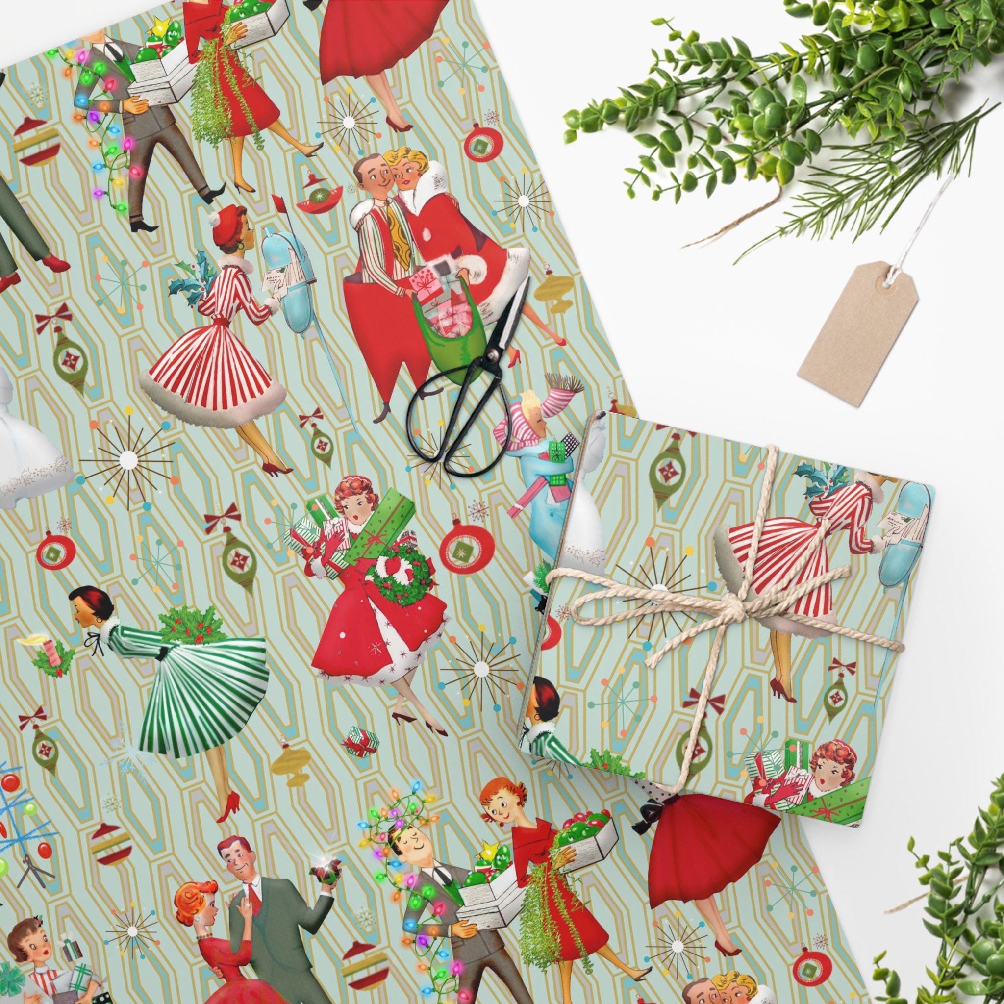 1950s Woman Vintage Style Christmas Wrapping Paper, Traditional Classic  Holiday Decor, Retro Antique Look Gift Wrap (One 20 inch x 30 inch sheet)