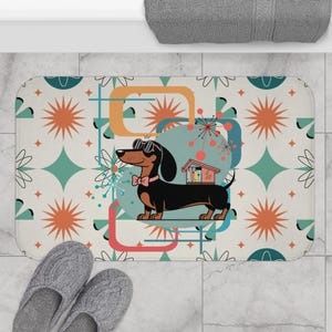 Mid Century Mod Dachshund badrumsmatta, blågrön orange krämfärgad retro 50-tals stjärnformad badmatta