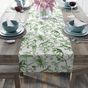 Chinoiserie Botanical Toile Table Runner, Floral Green, White Chinoiserie Jungle, Country Farmhouse, Grandmillenial Decor
