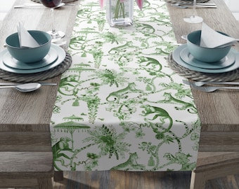 Chinoiserie Botanical Toile Table Runner, Floral Green, White Chinoiserie Jungle, Country Farmhouse, Grandmillenial Decor