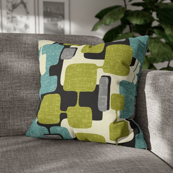 Funda de almohada abstracta geométrica MCM, acento de sofá verde azulado y verde lima retro de mediados de siglo
