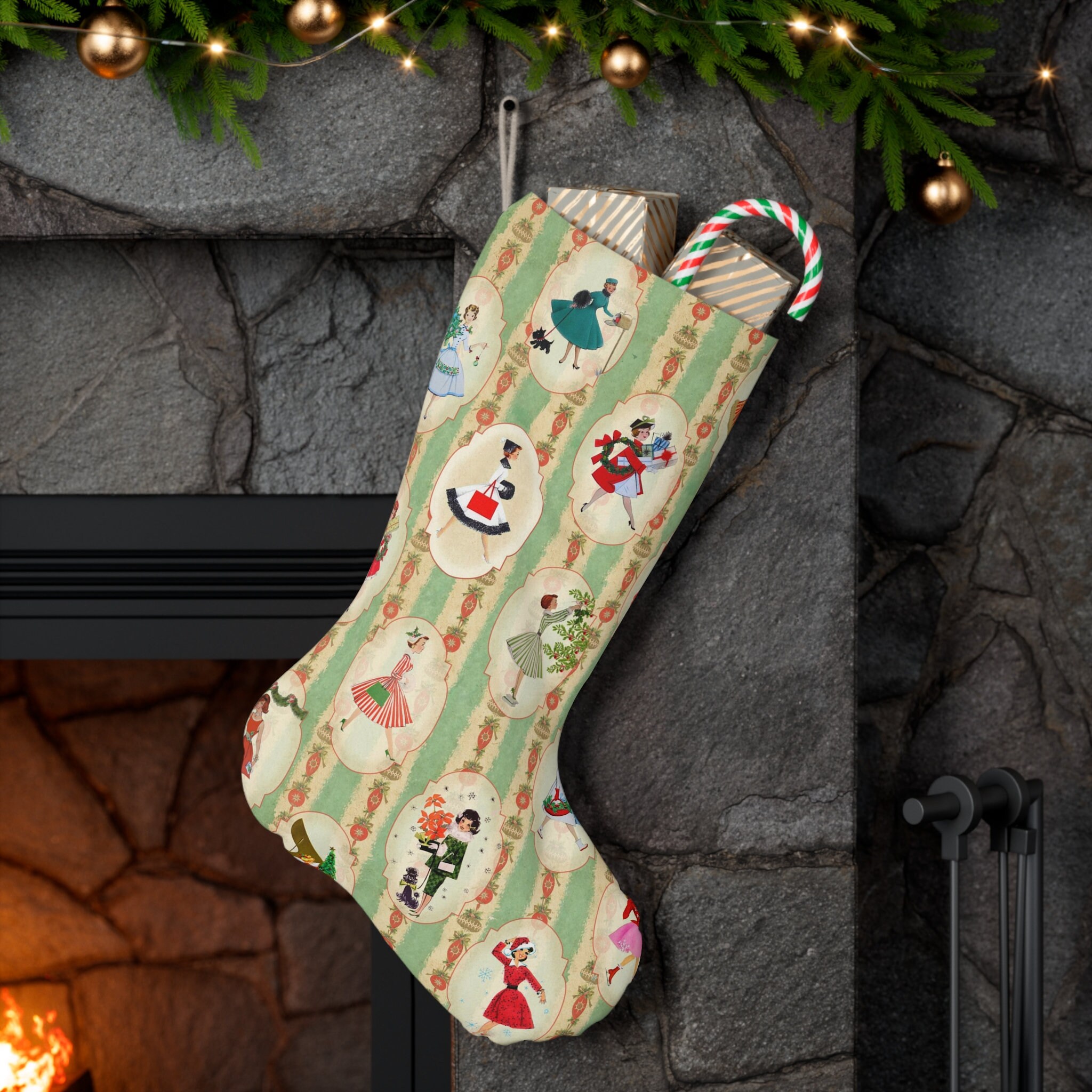 Discover Vintage 1950s Christmas Stockings Mid Century Modern Green and Red Holiday Decor