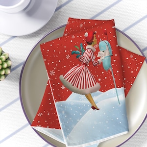 Retro Vintage Christmas Napkins Set of 4, Mid Century Modern Winter Holiday Table Decor, 50s Festive Dining Accent