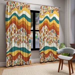 Window Curtains In Mid Century Modern 70s Groovy Hippie Wavy Retro, Burnt Orange Floral Window Treatment, Blackout, Sheer Window Panel Drape