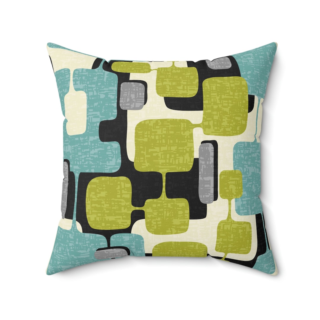 Retro Mid Century Modern Throw Pillow, MCM Teal, Lime Green, Gray ...