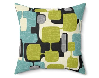 Retro Mid Century Modern Throw Pillow, MCM Teal, Lime Green, Gray, Cream Geometric Abstract Accent Pillow, Living Room Cushion, Retro Home