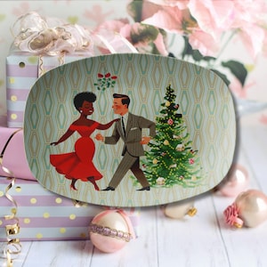Plateau de fête de Noël pour couple métis kitsch rétro des années 50, vaisselle de vacances moderne du milieu du siècle, plateau de service d&#39;hiver festif vintage