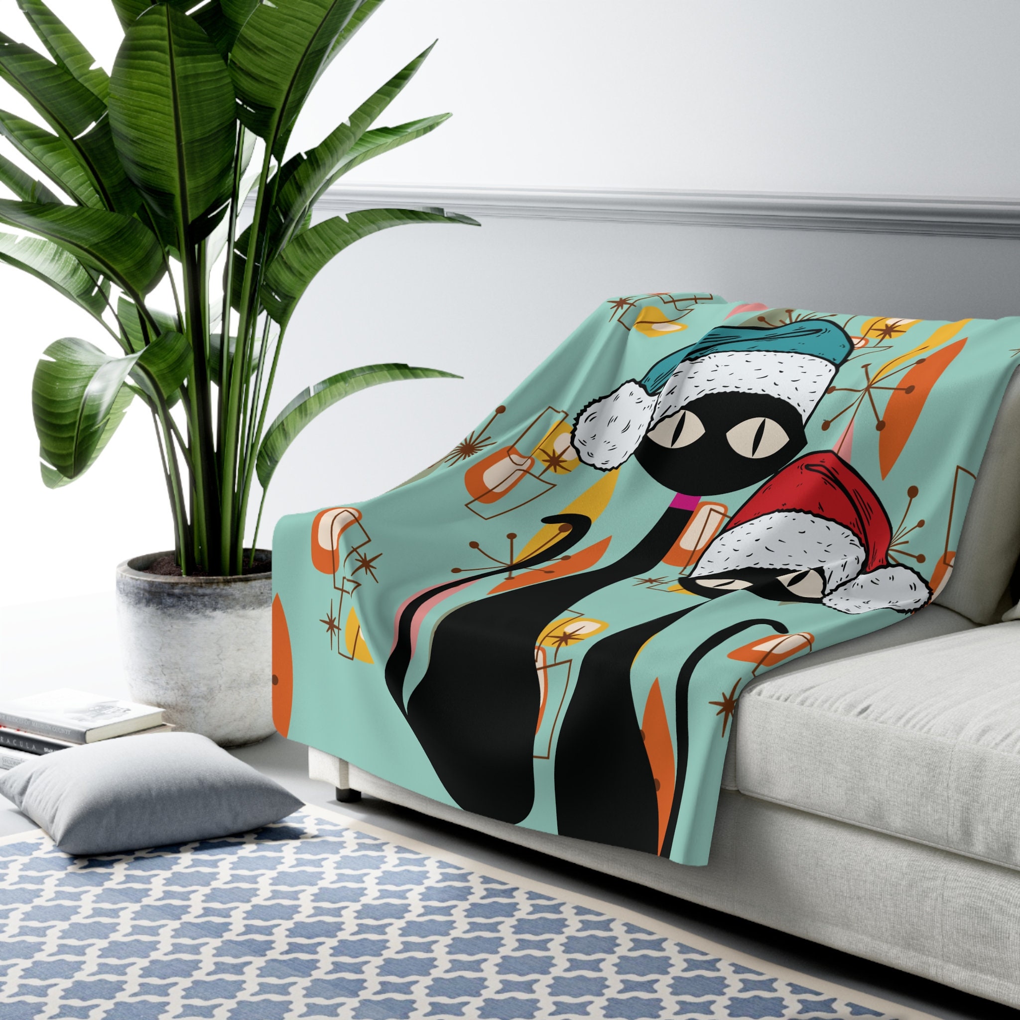 Retro Atomic Cat Diamond Starburst Christmas Throw Blanket, Mid…