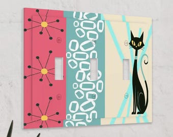 Atomic Cat Light Switch Cover Mid Century Modern Triple Toggle Wall Plate