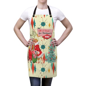 レトロ ヴィンテージ 50 年代 フランシスコ会 ダイヤモンド スターバースト キッチュ クリスマス カード アート エプロン、ミッドセンチュリー モダン ホリデー クッキングウェア、シェフギフト