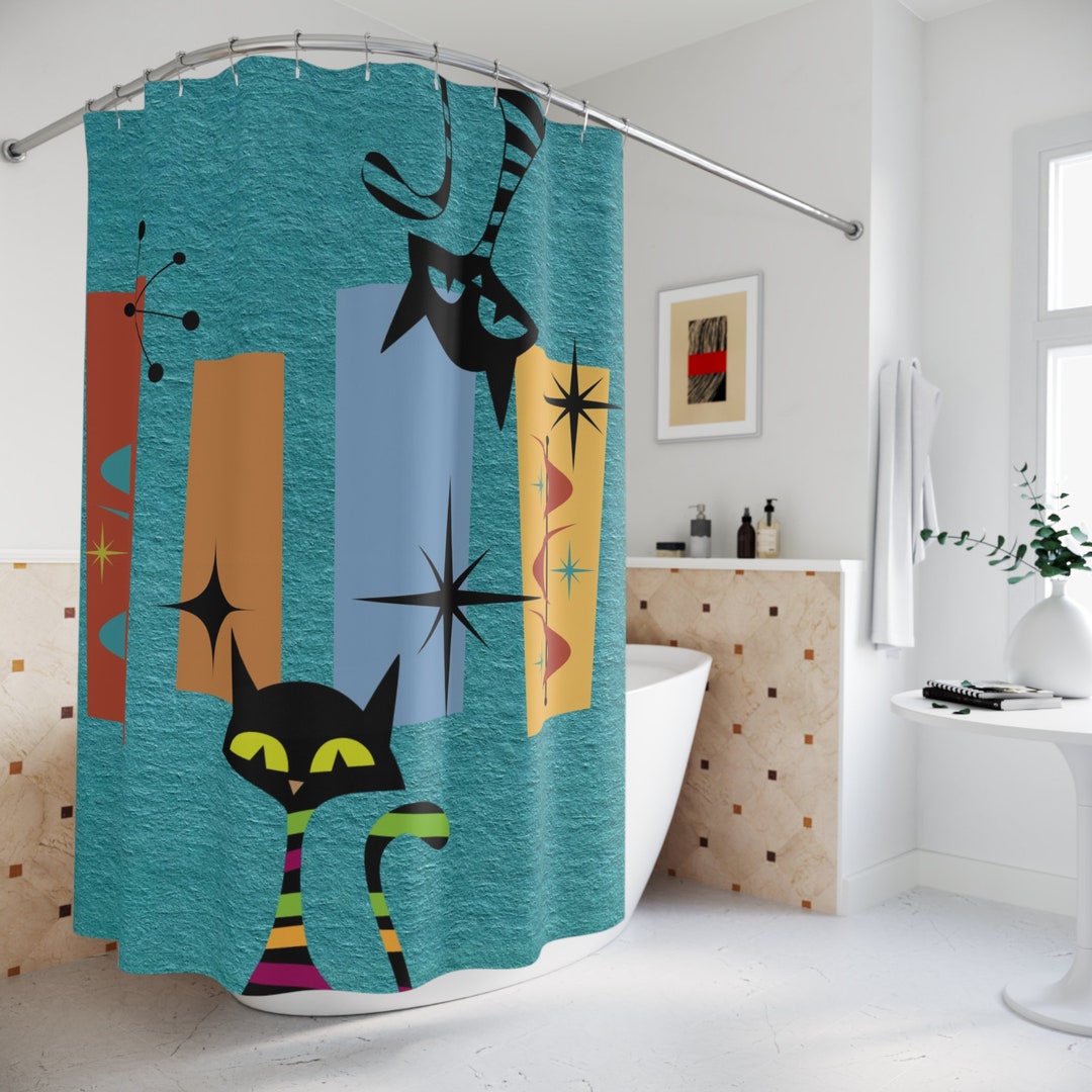 Mid Century Modern Atomic Cat Shower Curtains, Retro Kitschy Teal