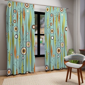 Atomic Diamond Starbursts Geometric Mid Century Modern Window Curtain, Retro Aqua Blue, Orange, Lime Curtain Panel, 50s MCM Room Decor