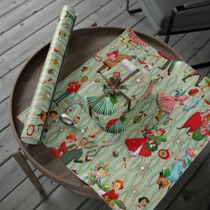 1950s Retro Vintage Christmas Wrapping Paper, Mid Century Modern Retro Green, Red, Women, Ladies, Housewives Holiday Gift Wrap