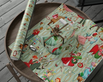 Papel de regalo navideño retro vintage de los años 50, estilo retro moderno de mediados de siglo, verde y rojo, para mujeres, señoras y amas de casa.