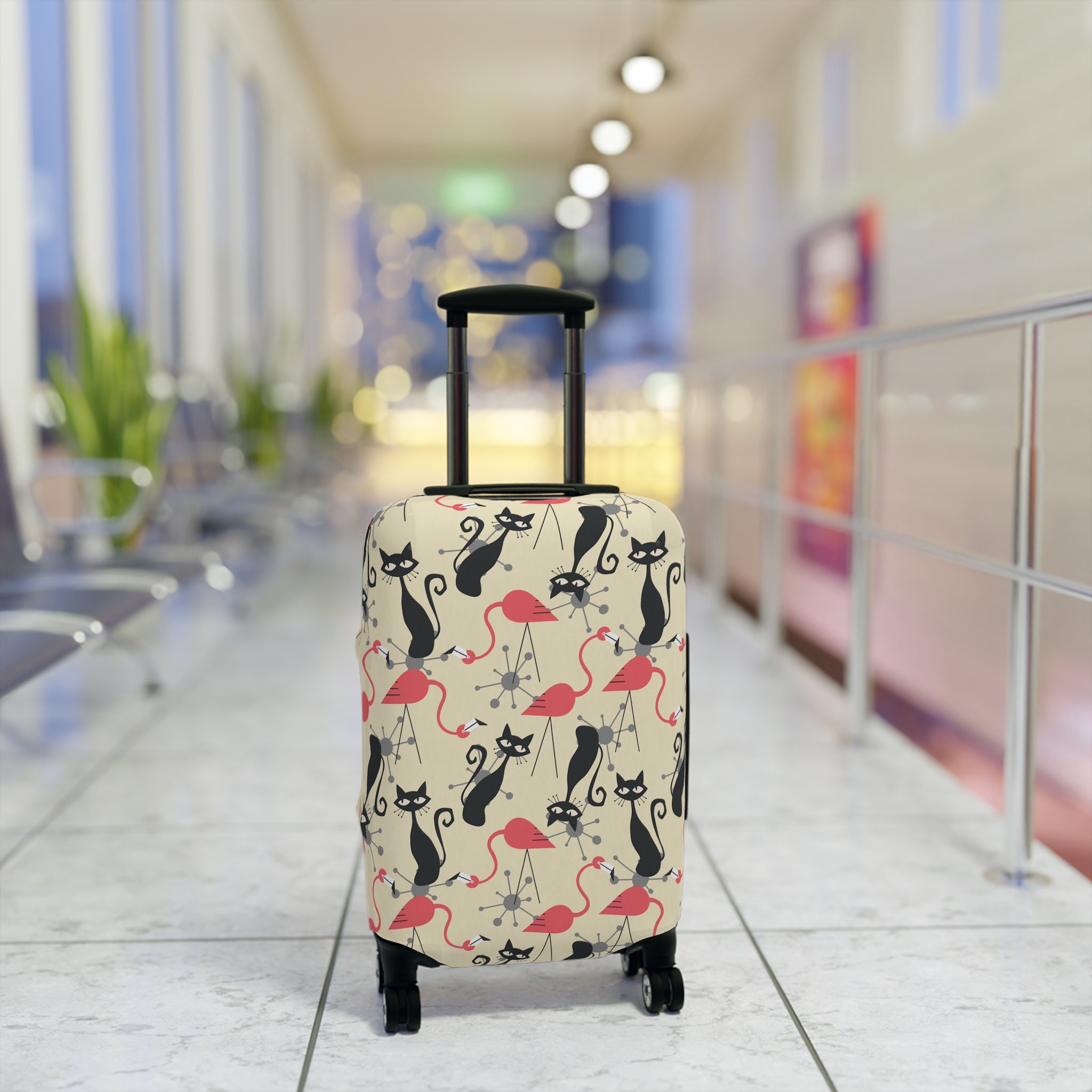 Atomic Cat, Flamingo Mid Century Modern Luggage Cover, Retro Whimsy MCM Starburst Cream, Pink, Gray Suitcase Protector