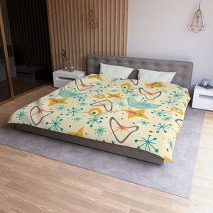 Atomic Age Boomerang Duvet Cover, 1950s Mid Century Modern Bedding in Cream, Aqua and Mustard - KM13849923