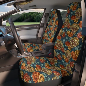 Sugar Skull Car Seat Cover, Dia De Los Muertos, Set of 2 Custom Grunge Skull Seat Cover, Universal Front Car Seat Protector Gifts for Her