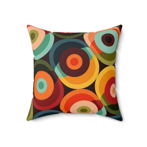 Retro Mid Mod Geo-Psychedelic Circles Throw Pillow, MCM Teal Orange, Yellow, Red Abstract Living Room, Bedroom Accent Pillow - 131282623