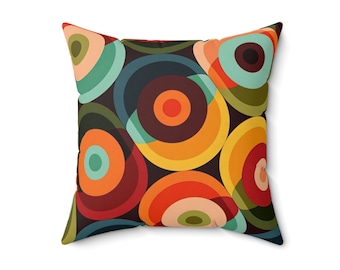 Retro Mid Mod Geo-Psychedelic Circles Throw Pillow, MCM Teal Orange, Yellow, Red Abstract Living Room, Dormitorio Accent Pillow - 131282623