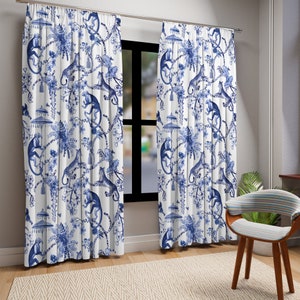Tende per finestre Chinoiserie, Pannelli per tende in toile cineserie botaniche, Trattamento per finestre giungla cineserie floreale blu e bianco