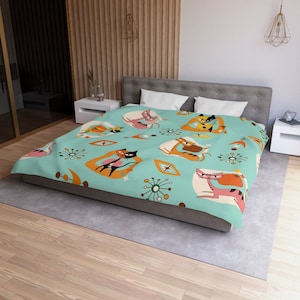 Atomic Cat 50s Mid Mod Duvet Cover, Retro Vintage Mid Century Modern Bedding, Sputnik Kitschy Bedroom Decor