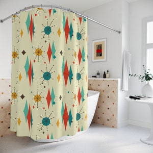 Cortina de chuveiro com estampa de diamante franciscano moderno de meados do século, bege retrô, amarelo, azul-petróleo, decoração de banheiro, cortinas de banho MCM