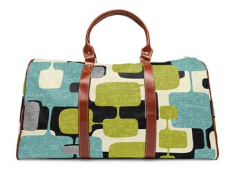 Retro Teal, Lime Green, Gray, Cream Geometric Waterproof Travel Bag, Mid Century Modern Abstract Weekender Bag, Leather, Fabric Carry on Bag