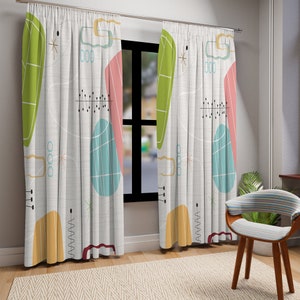 1950s Mid Century Modern Abstract Window Curtains in Retro Teal, Lime Green, Coral, Light Gray, MCM 60s Geometric Starburst Curtain Panels