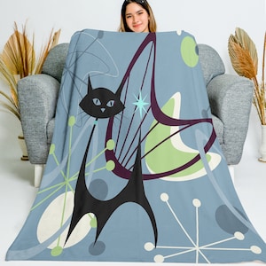 Mid Century Modern Atomic Cat Throw Blanket, Retro Kitschy Cat Starburst Velveteen Minky Blanket, MCM Home Decor, Housewarming Gifts