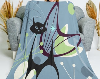 Mid Century Modern Atomic Cat Throw Blanket, Retro Kitschy Cat Starburst Velveteen Minky Blanket, MCM Home Decor, Housewarming Gifts