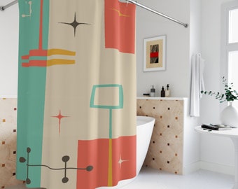 Mid Century Modern Atomic Starburst Shower Curtain, Retro Geometric Abstract Teal, Burnt Orange Cream, Mustard Yellow MCM Bathroom Decor