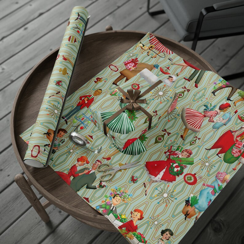 1950s Retro Vintage Christmas Wrapping Paper, Mid Century Modern Retro ...