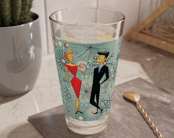 Vaso de pinta de la era atómica con diseño de pareja de kitsch retro, vasos vintage Sputnik, vaso para cóctel sin alcohol moderno de mediados de siglo