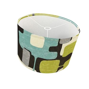 Mid Century Modern Drum Lampshade, Retro Abstract Geometric Teal Olive Chartreuse Light Cover