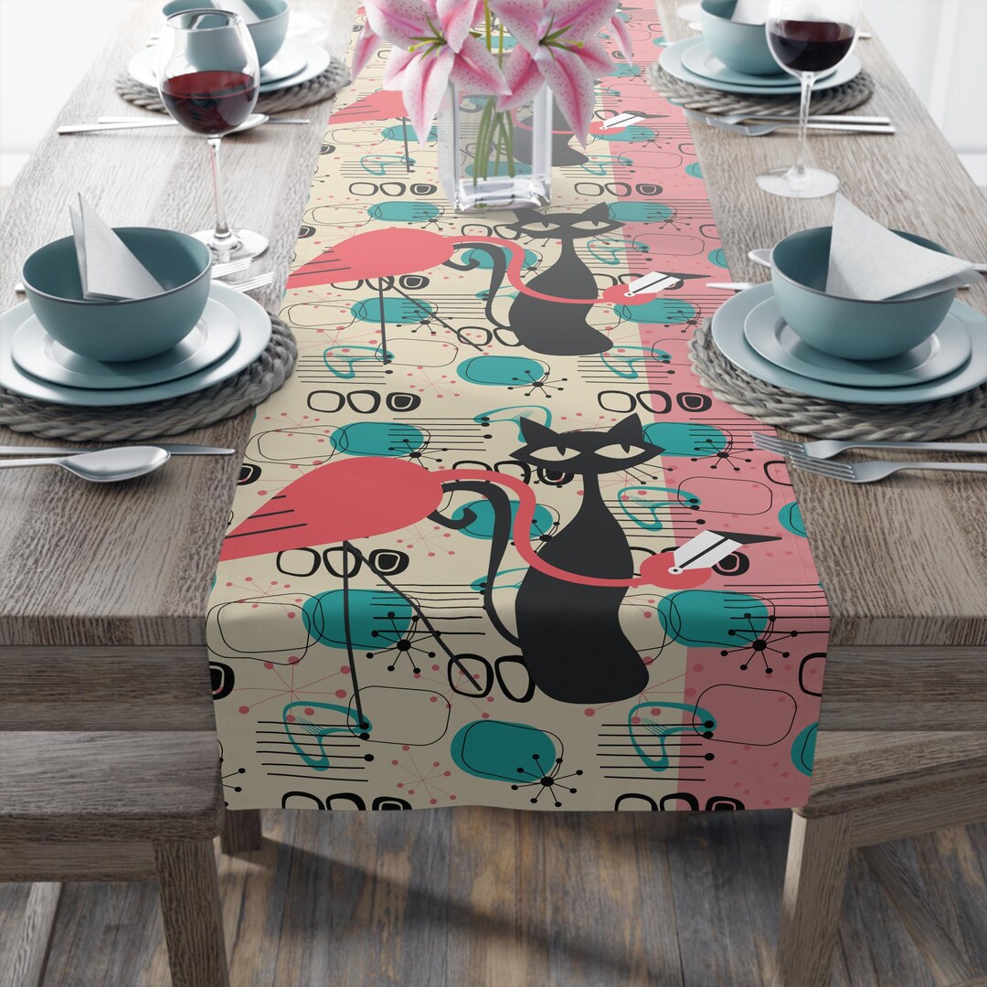 Atomic Cat Flamingo Table Runner, Retro Mid Century Modern Dining ...