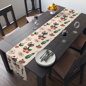 Mid Century Modern Atomic Kitschy Cat Christmas Table Runner, 50s Vintage Style Holiday Decor